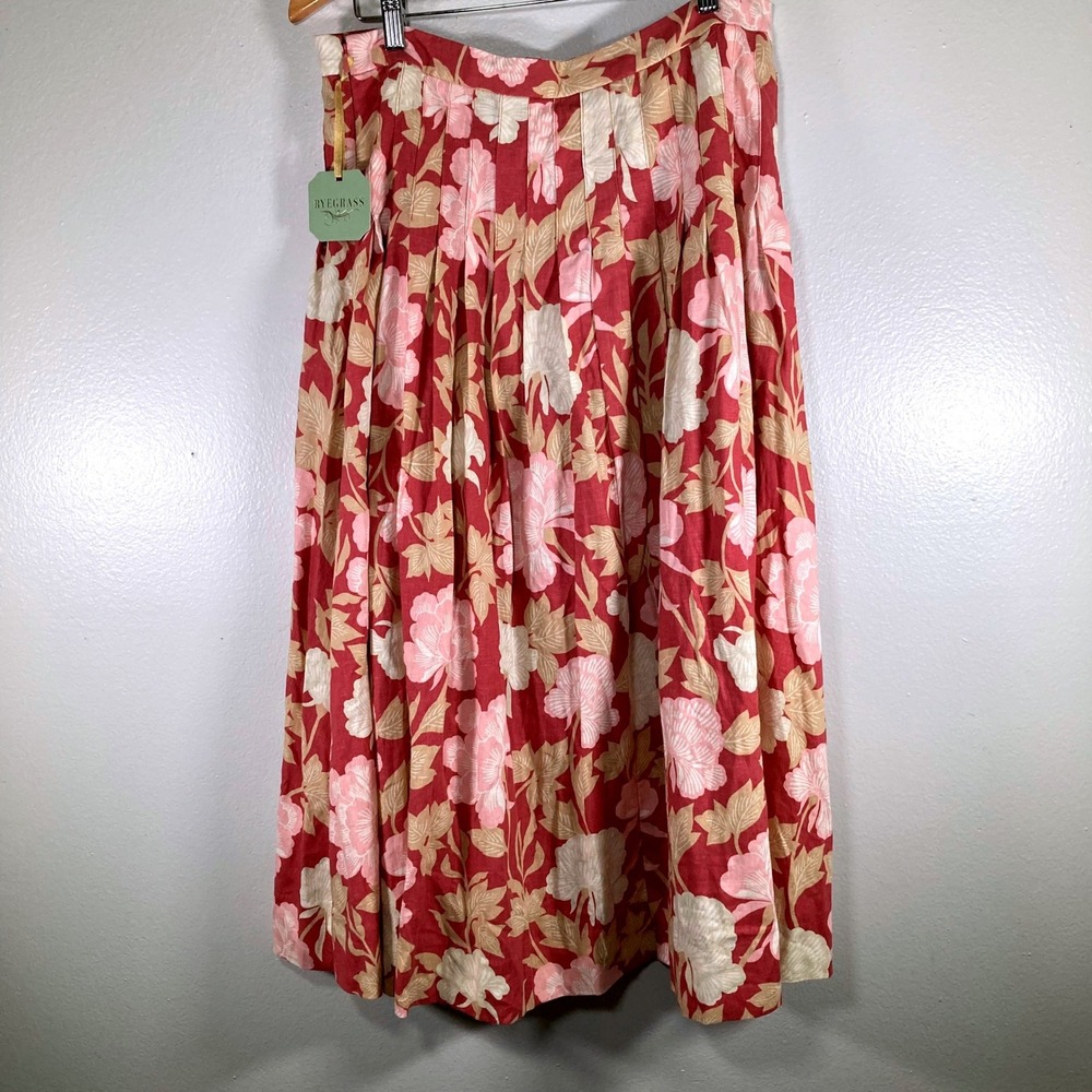 NWT Ryegrass Womens Pink Floral Pleated Linen Blend Midi Skirt Size 14 NWT